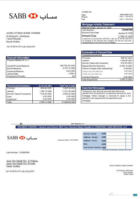 Download Saudi Arabia SABB bank mortgage statement in Word and PDF formats Photoshop template
